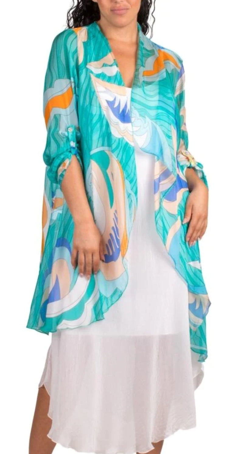 Turquoise Aquatic Long Silk Duster-One Size