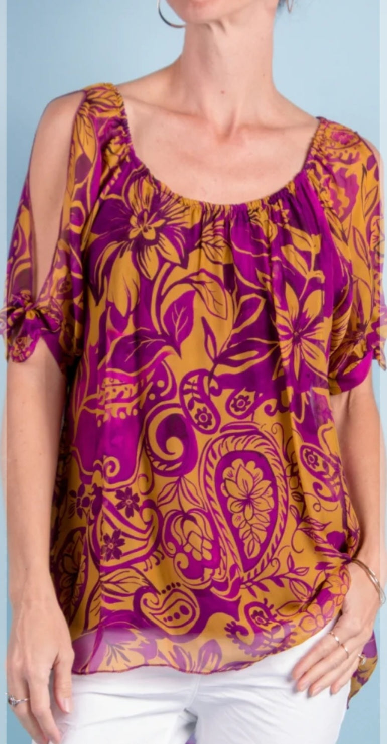 Purple/Mustard Silk Floral Print Cold Shoulder