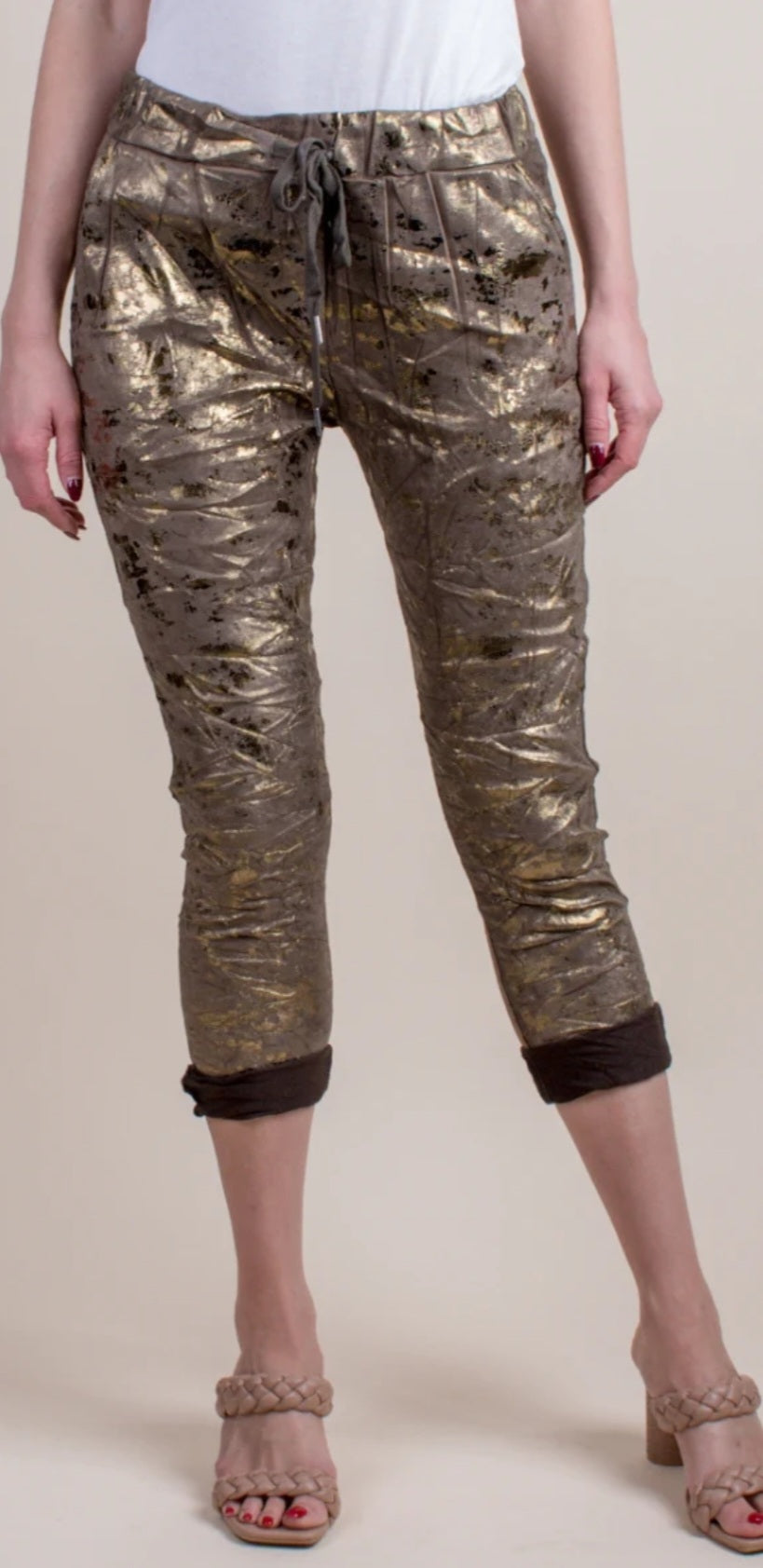 Gold Tie Waist Suede Pant with metallic paint