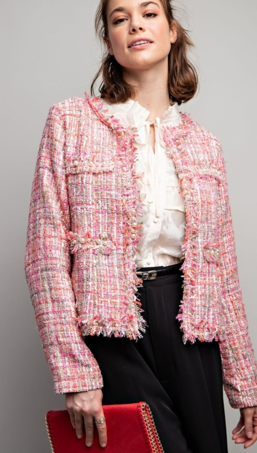 Pink Tweed Jacket With Pearl Details – shopTheSaltyMermaid