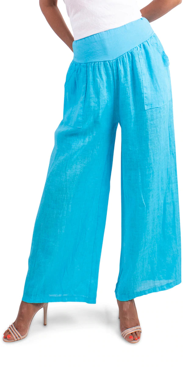 Turquoise Linen Palazzo Pant with Pockets