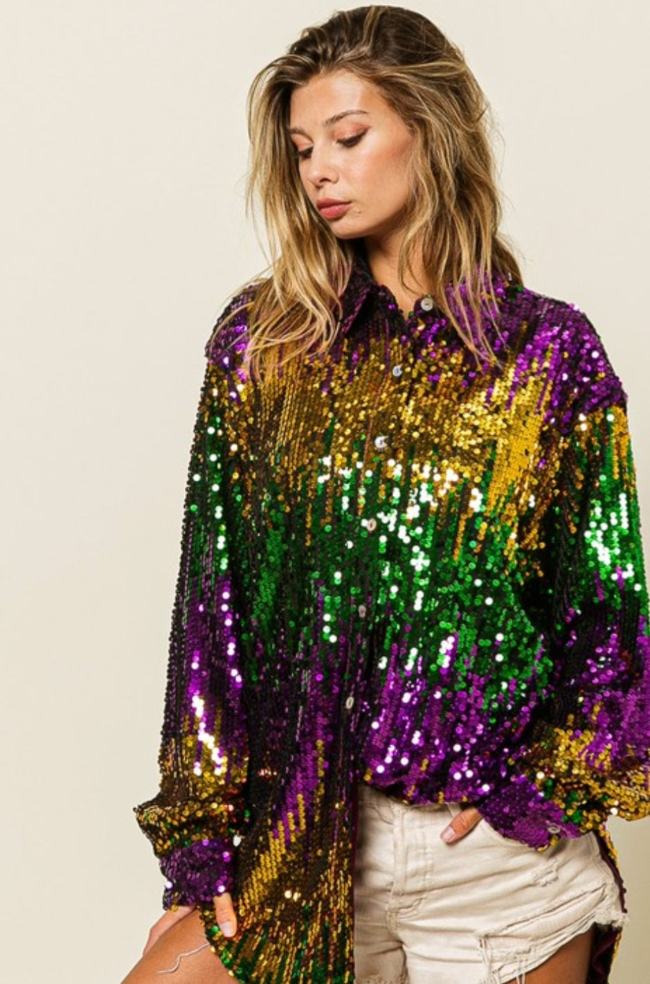 Mardi Gras Long Sleeve Tri Color Sequin Button down Top