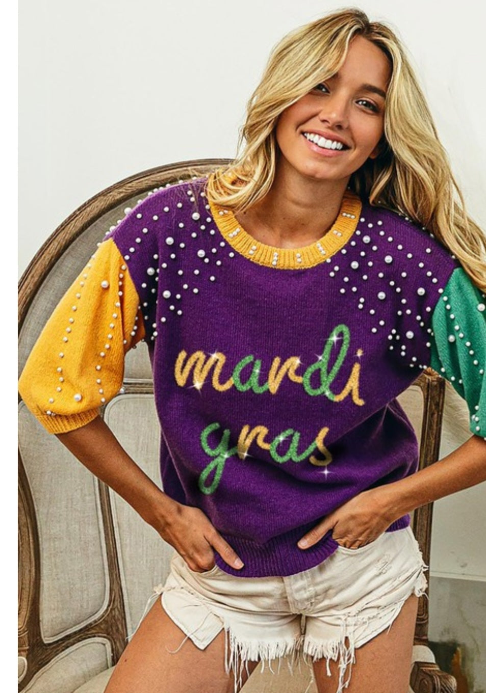 Mardi Gras Color Block Sweater with Pearl Details