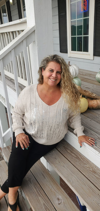 Beige Knit Sweater with Metallic Design and Star