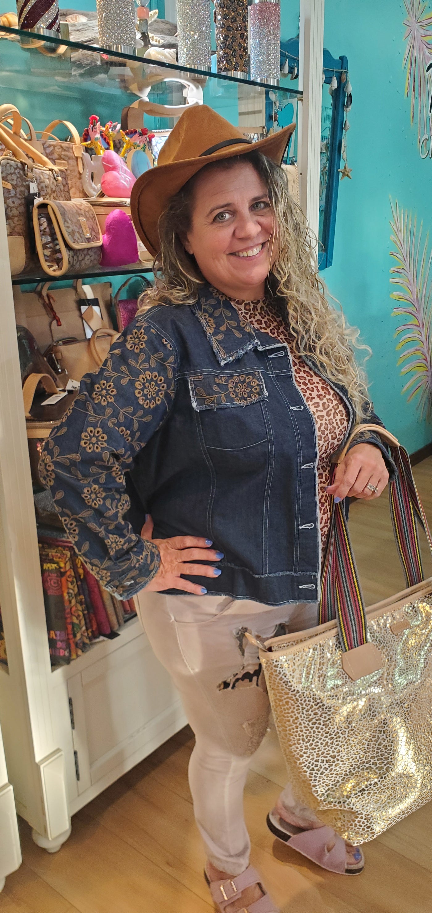 Denim Jacket with Brown Embroidery