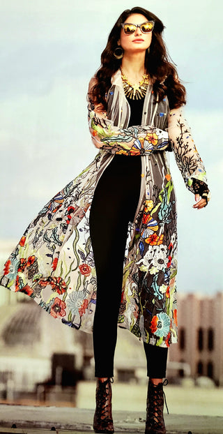 Cream Floral Embroidered Duster with Collar