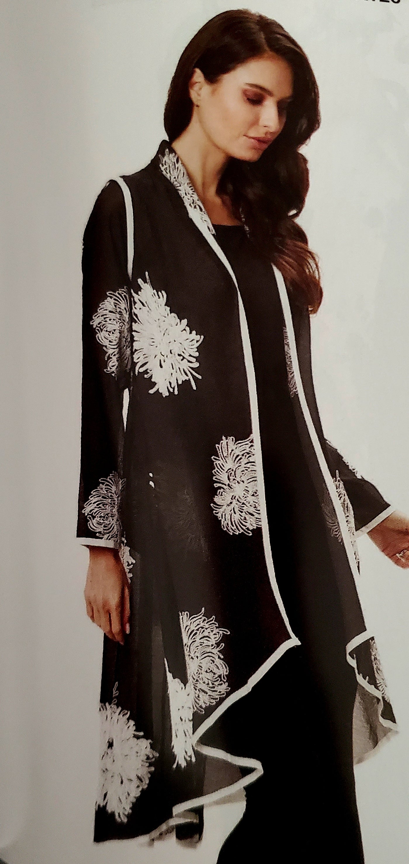 Black Long Sheer Duster with White Embroidery BY241
