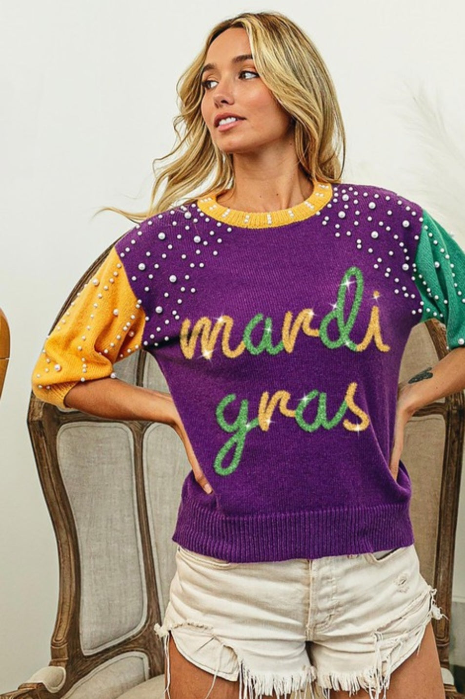 Mardi Gras Color Block Sweater with Pearl Details