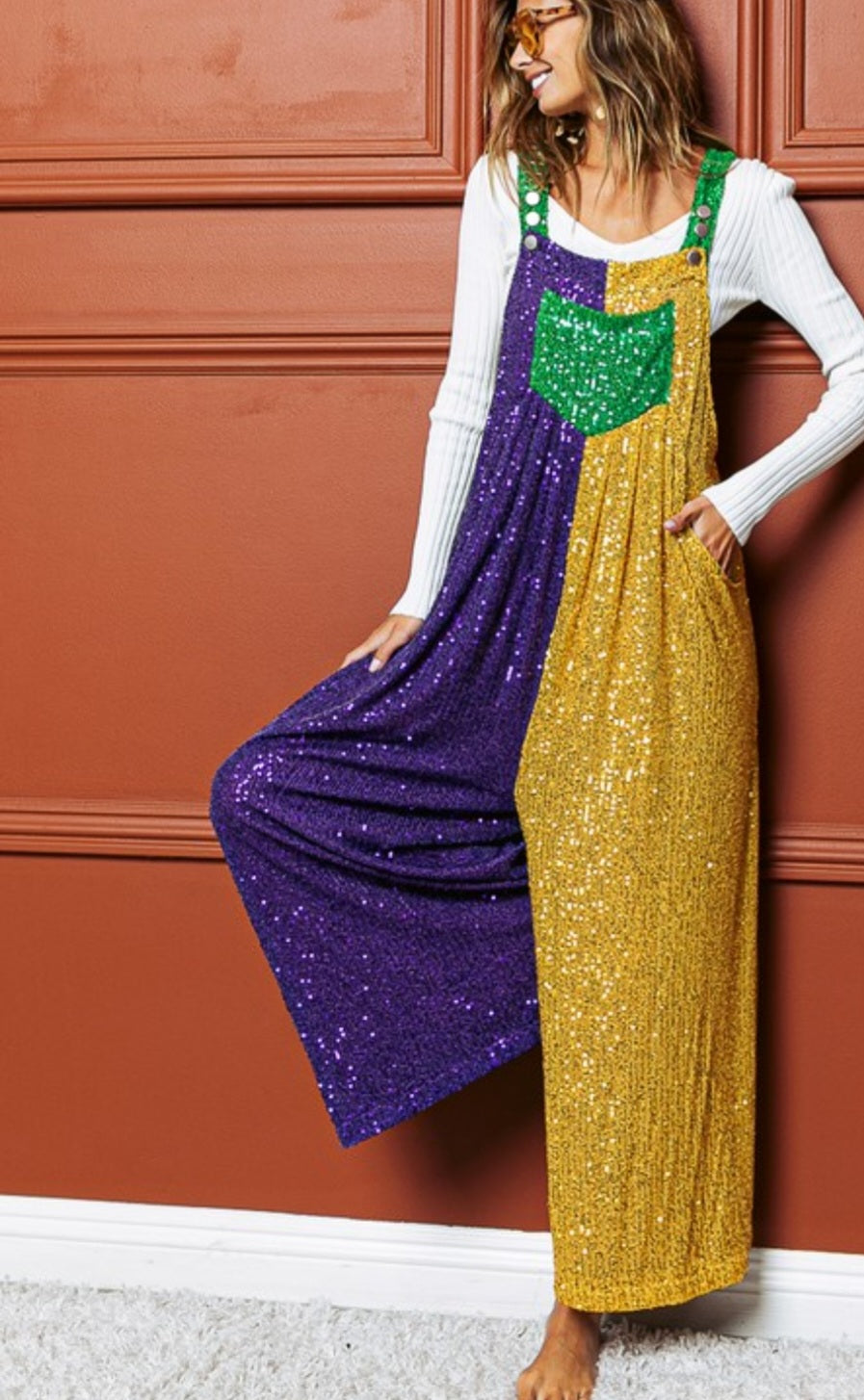 Mardi Gras Sequin Color Block Overalls