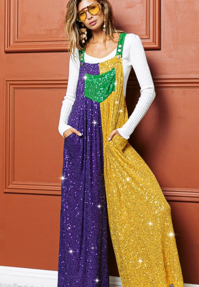 Mardi Gras Sequin Color Block Overalls