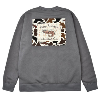 Camo-Back Crewneck Charcoal | Pimp Shrimp Clothing Co