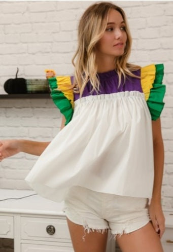 Mardi Gras Layered Ruffle Sleeve Shirt