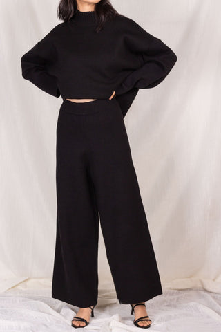 Black Ankle Length Knit Wide Leg Pant