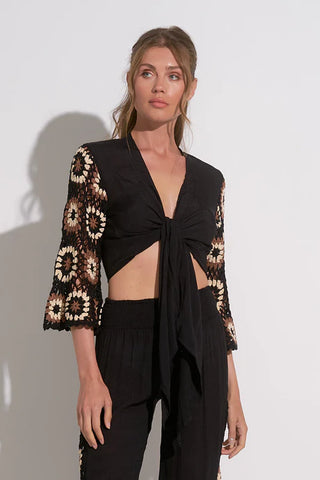 Black Tie Front Top with Crochet Inset