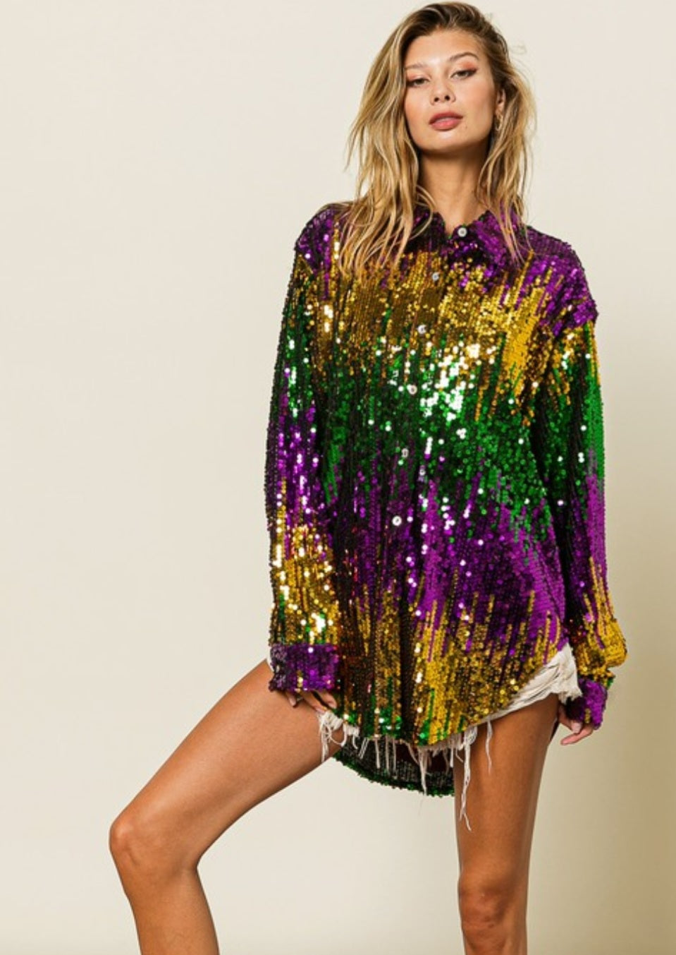 Mardi Gras Long Sleeve Tri Color Sequin Button down Top