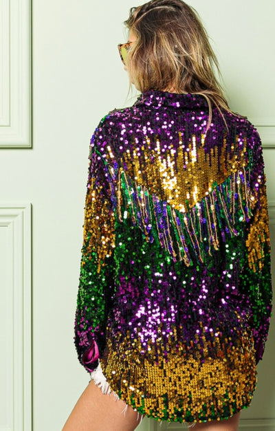 Mardi Gras Long Sleeve Tri Color Sequin Button down Top