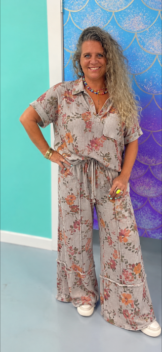 Floral Waffle Knit Lounge Set Grey by: Easel