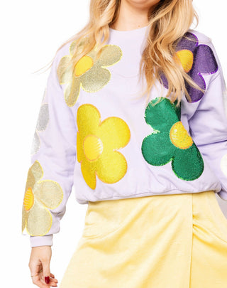 Queen of Sparkles Lavender Mardi Gras Colored Oversized Rhinestone Flowers Sweatshirt