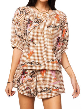 Queen of Sparkles Brown Gingham Bucking Cowgirl Button Up Cotton Top