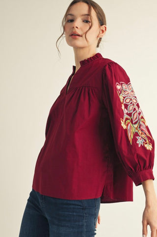 Burgundy Embroidered Puff Sleeve Top