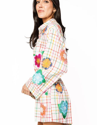 Queen of Sparkles Rainbow Plaid Multi Float Flowers Cotton Button Up Romper