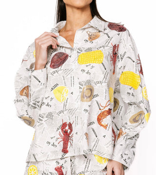 Queen of Sparkle Black and White Seafood on Newspaper Button Up Top