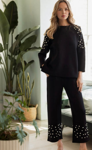 Black Scuba Set Fiona Top/Faith Bottom with Pearls