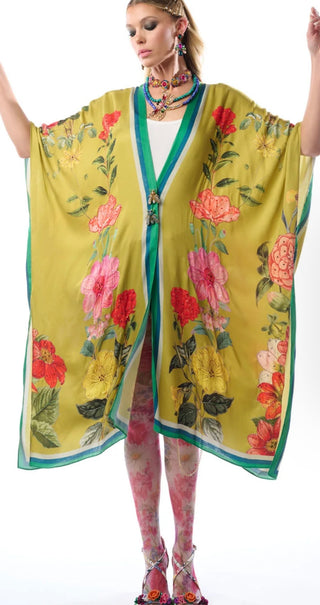 Aratta Olive Floral French Riviera Hand Beaded Kimono