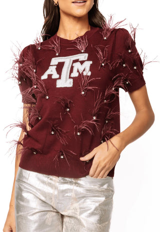 Queen of Sparkles Licensed Texas A&M Mascot Scattered Jewel Feather SS Sweater