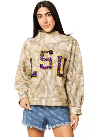 Queen of Sparkles Licensed LSU Mock Neck Camo Sweatshirt