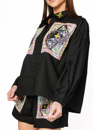 Queen of Sparkles Black Queen Card and Sparkle Collar Button Up Top