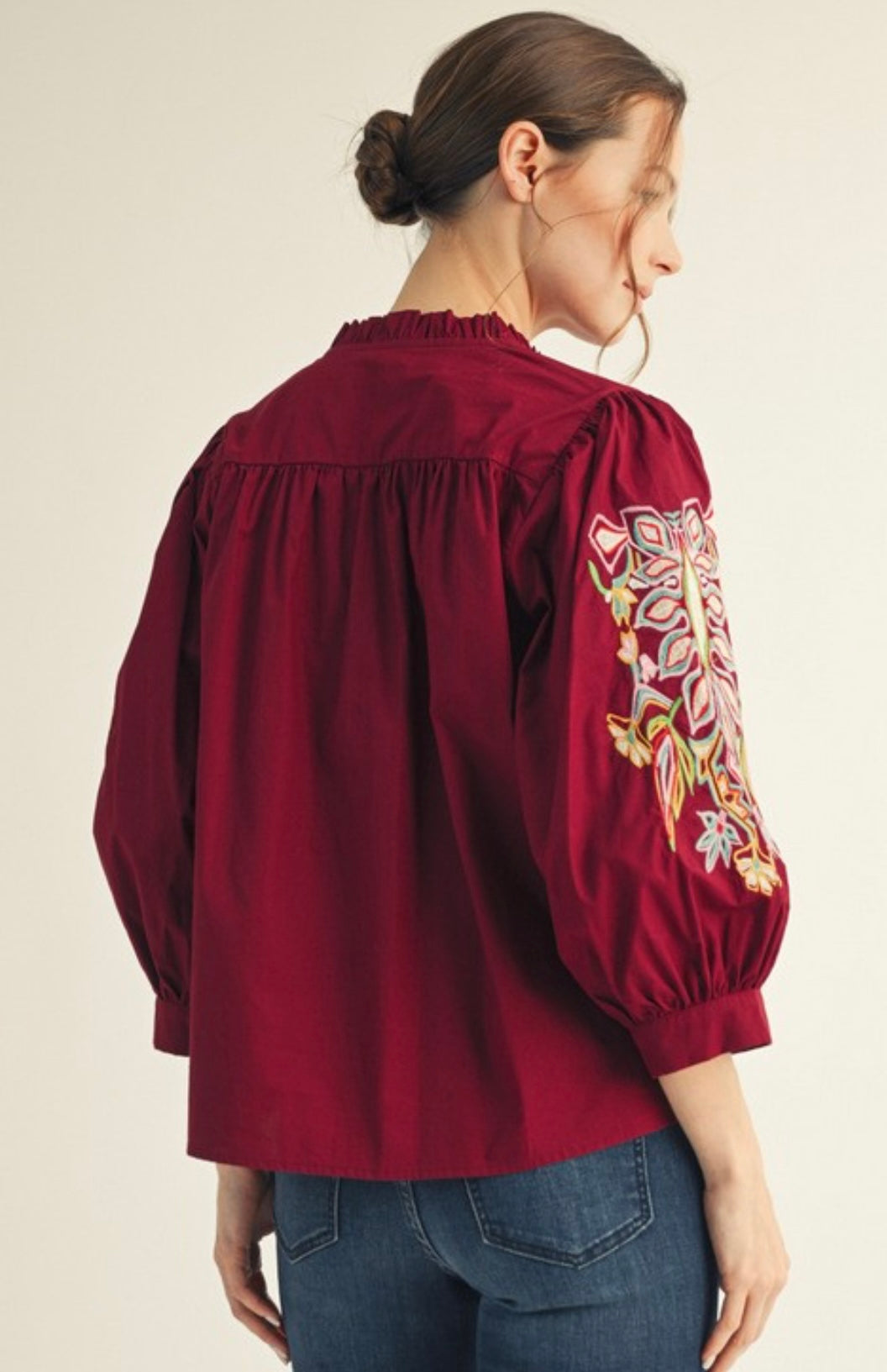 Burgundy Embroidered Puff Sleeve Top