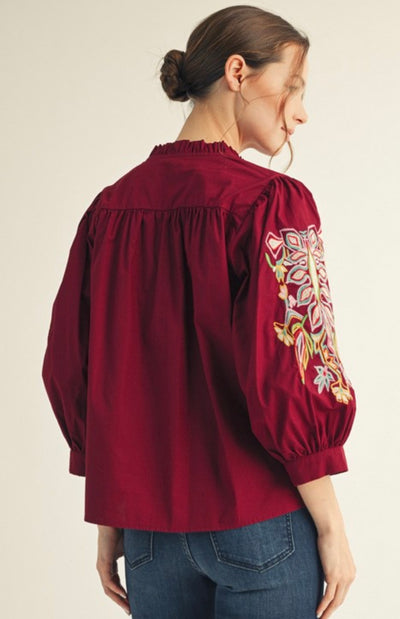 Burgundy Embroidered Puff Sleeve Top