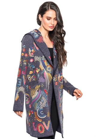 Embroidered Sweater Coat with Hood