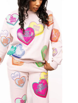 Queen of Sparkles Pale Pink Multi Positive Hearts Sweatshirt