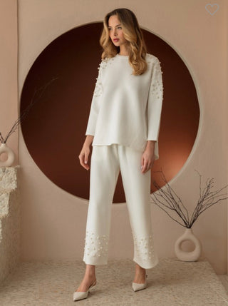 Off White Scuba Set Fiona Top/Faith Bottom with Pearls