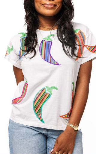 Queen of Sparkles White Multi Stripe Chili Pepper Tee