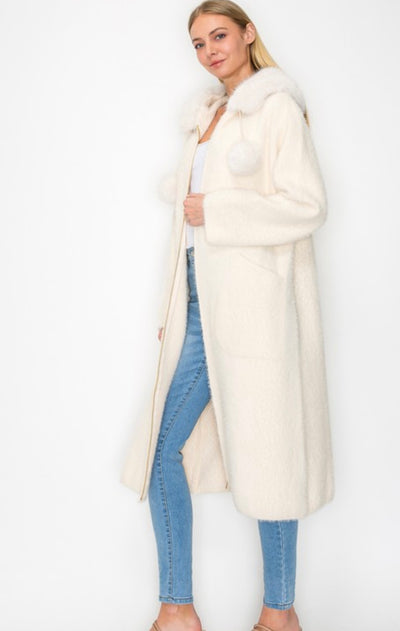 Cream Suraya Knitted Brushed Coat with Hoodie