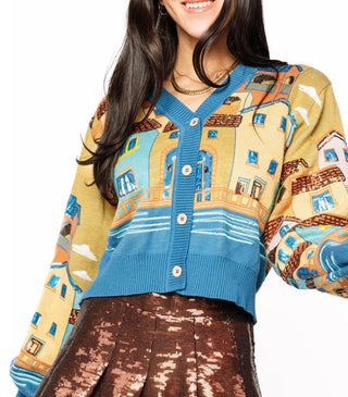 Queen of Sparkles Multi Italian Houses on Water Button Up Cardigan