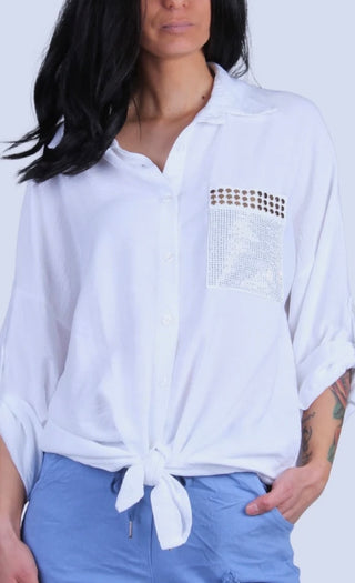 Liza White Button Down Shirt with Sequin Pocket