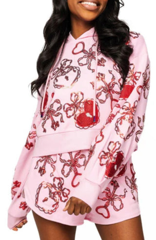 Queen of Sparkles Pink and Red Heart Lock and Key Tie Hoodie Sweatshirt