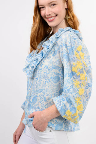 Sister Mary Blue print top with yellow embroidery