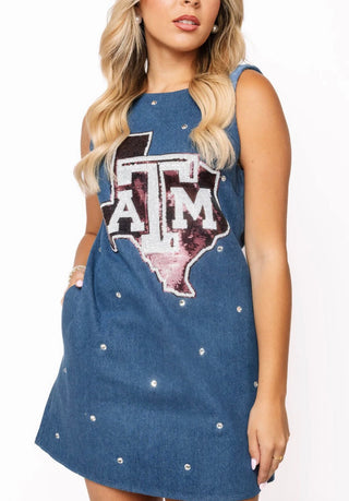 Queen of Sparkles Licensed Texas A&M Scattered jewel Denim Sequin Mascot Tank Dress
