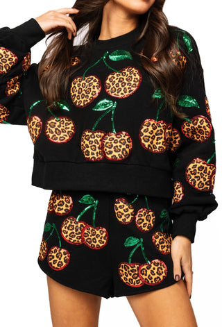 Queen of Sparkles Black Leopard Cherry Sweatshirt