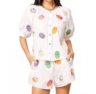 Queen of Sparkles White Multi Easter Egg Button Up Cotton Top