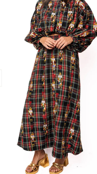 Queen of Sparkles Navy Plaid Nutcracker and Bow Cotton Midi Skirt