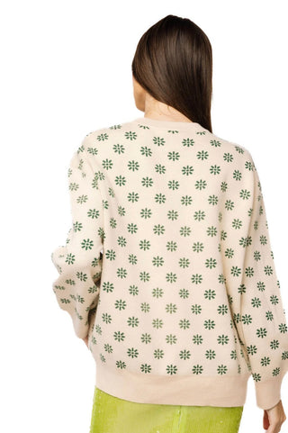 Queen of Sparkles Beige and Green Flower Print Feather Turkey Sweater