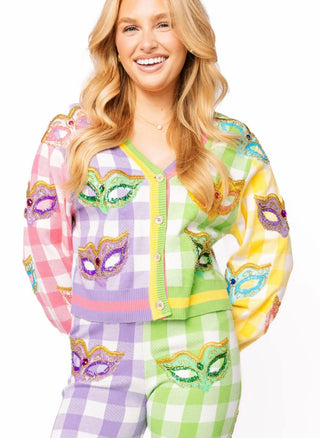 Queen of Sparkles Color block Pastel Gingham Mardi Gras Button Up Cardigan