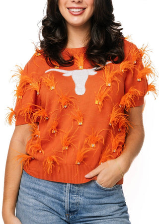 Queen of Sparkles Licensed Texas Mascot Scattered Jewel Feather SS Sweater