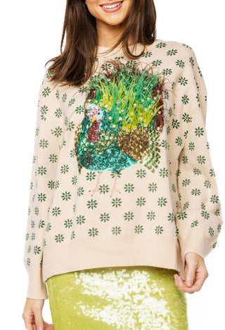 Queen of Sparkles Beige and Green Flower Print Feather Turkey Sweater